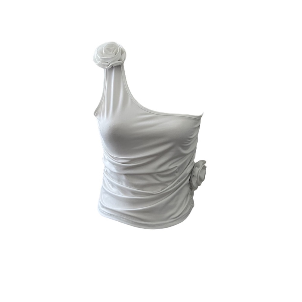 One-Shoulder Flower Detail Ruched Crop Tank Top - Picture 1 of 12